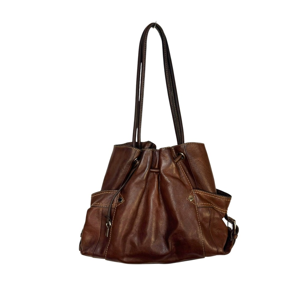 Fossil Bucket Bag Brown Soft Leather Drawstring Shoulder Tote Boho Satchel